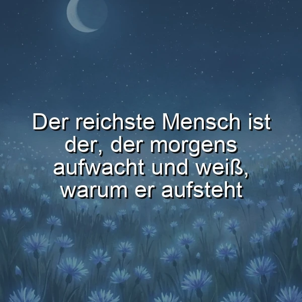 Nachtszene mit Sichelmond und Sternen über einem Feld blauer Kornblumen. Das Zitat 'Der reichste Mensch ist der, der morgens aufwacht und weiß, warum er aufsteht' ist zentral platziert und inspiriert zu Lebenssinn und Motivation.