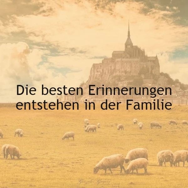 Ein idyllisches Bild mit einer Herde Schafe auf einer gelben Wiese vor einer mittelalterlichen Burg unter einem bewölkten Himmel, mit dem Zitat 'Die besten Erinnerungen entstehen in der Familie' in schwarzer Schrift.