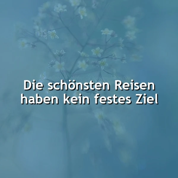 Ein Foto mit einer blauen, verwaschenen Blume im Hintergrund und dem Zitat 'Die schönsten Reisen haben kein festes Ziel' in weißer Schrift