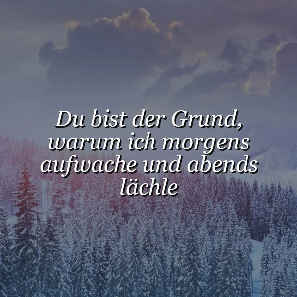 Schneebedeckte Tannenwälder unter einem sanft dämmernden Himmel schaffen eine ruhige Kulisse. Darauf der weiße, inspirierende Spruch: 'Du bist der Grund, warum ich morgens aufwache und abends lächle', der tiefe Liebe und Lebensfreude ausdrückt.