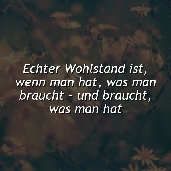 Ein dunkles, verschwommenes Bild mit Blüten und Blättern im Hintergrund. Der Text 'Echter Wohlstand ist, wenn man hat, was man braucht - und braucht, was man hat' ist in weißer Schrift über das Bild gelegt.