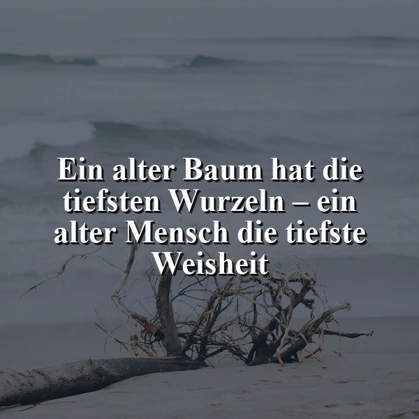 Ein Bild mit einem toten Baum am Strand, im Hintergrund Wellen, ein grauer Himmel, tiefe Weisheit und Alter symbolisierend