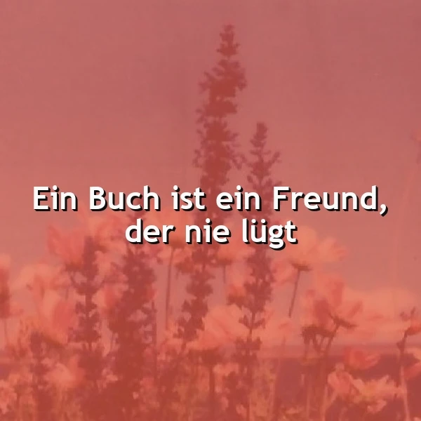 Ein Bild mit einer Wiese voller Blumen und einem Baum im Hintergrund, überlagert mit dem Zitat 'Ein Buch ist ein Freund, der nie lügt' in weißer Schrift