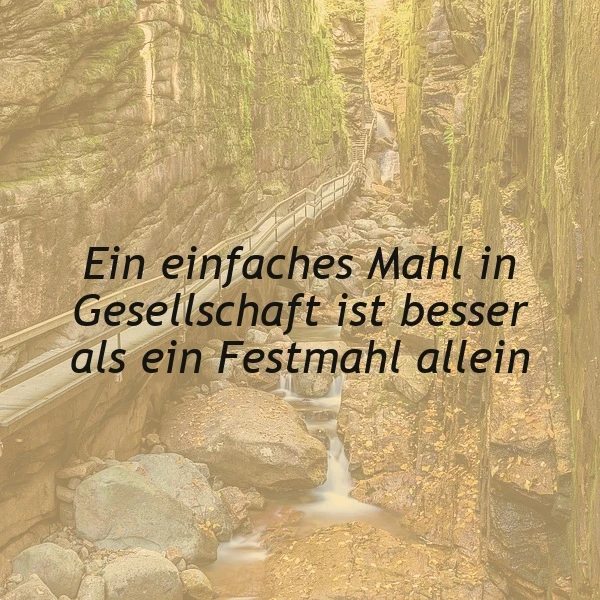 Ein Foto einer idyllischen Landschaft mit einem kleinen Wasserfall, umgeben von großen Felsen und einem Holzsteg. Im Vordergrund ein Bachlauf. Der Text 'Ein einfaches Mahl in Gesellschaft ist besser als ein Festmahl allein' liegt prominent im Bild.
