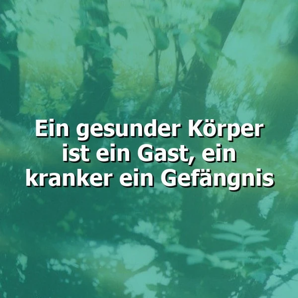 Ein grünliches Foto mit Blättern und einem Zitat in weißer Schrift: 'Ein gesunder Körper ist ein Gast, ein kranker ein Gefängnis'