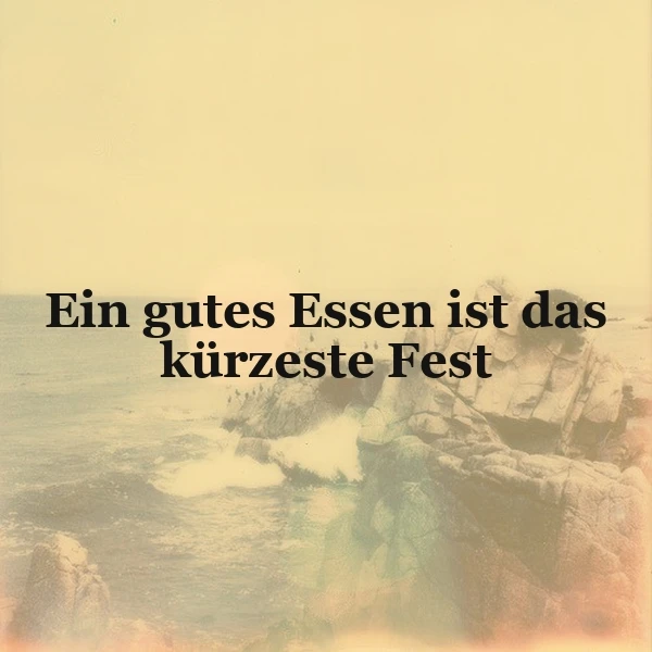 Ein inspirierendes Zitat auf einem Bild, das eine felsige Meeresküste mit sanften Wellen in warmen Sepia-Tönen zeigt. Der Text 'Ein gutes Essen ist das kürzeste Fest' steht prominent in der Mitte.