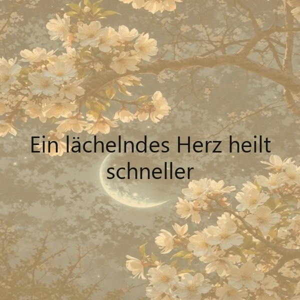 Delikate, cremefarbene Blütenzweige vor einem weichen, verträumten Hintergrund mit einem zarten Halbmond. Der Spruch "Ein lächelndes Herz heilt schneller" steht zentral und vermittelt eine beruhigende, hoffnungsvolle Stimmung.