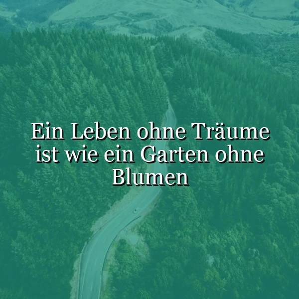 Luftaufnahme eines grünen Nadelwaldes und einer Straße, dazu das weiße Zitat 'Ein Leben ohne Träume ist wie ein Garten ohne Blumen'. Es symbolisiert die Wichtigkeit von Träumen für ein erfülltes und blühendes Leben.