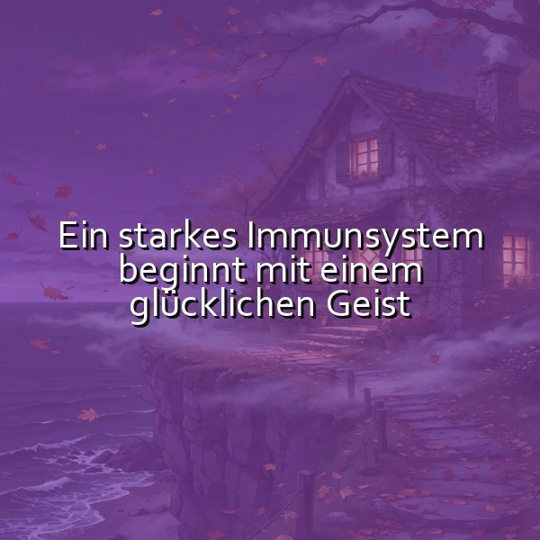 Ein digitales Gemälde einer kleinen, gemütlichen Hütte am Meer, umgeben von herbstlichen Blättern und einer mystischen Atmosphäre, mit dem Zitat 'Ein starkes Immunsystem beginnt mit einem glücklichen Geist' im Vordergrund.
