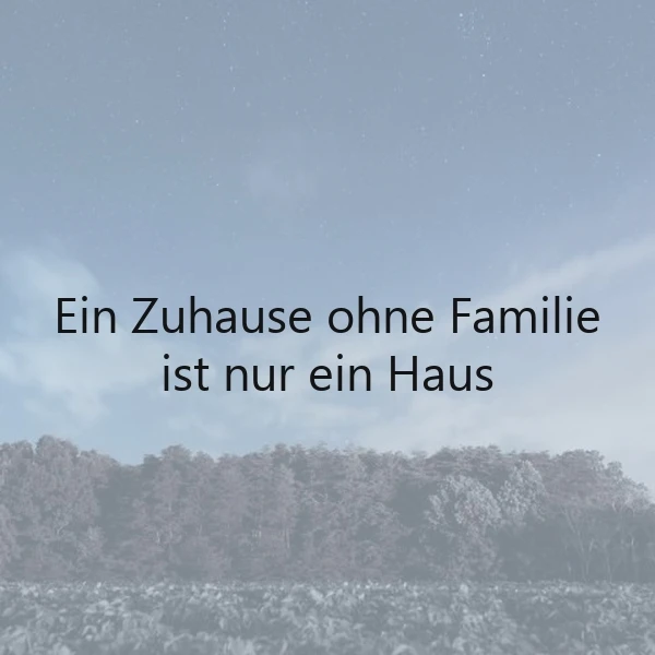 Ein graues Feld mit Büschen und Bäumen im Hintergrund unter einem hellen Himmel mit Wolken, in der Mitte der Text 'Ein Zuhause ohne Familie ist nur ein Haus'