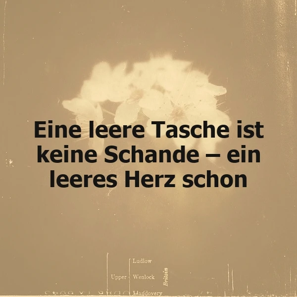 Ein sepiafarbenes Bild mit einer floralen Gestaltung im Hintergrund und dem Zitat 'Eine leere Tasche ist keine Schande – ein leeres Herz schon' in schwarzer Schrift