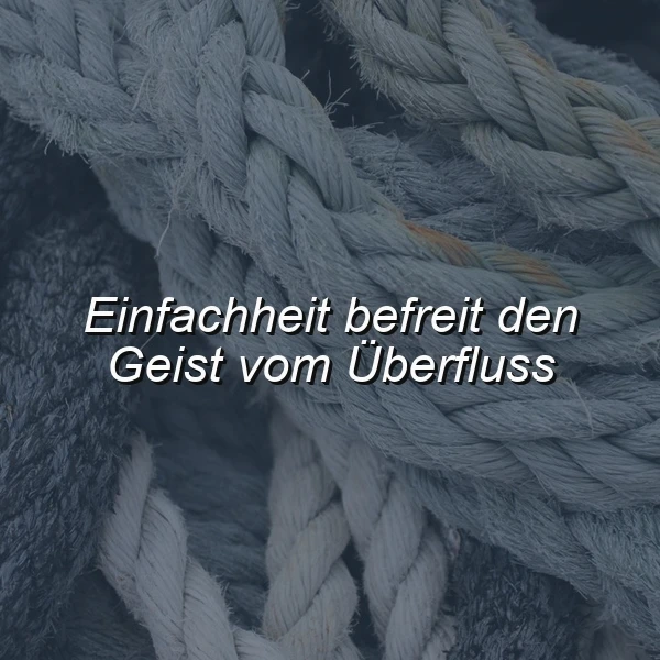 Ein nahaufnahme von grauen, geflochtenen Seilen, im Hintergrund ein dunkelgrauer Untergrund. Das Zitat 'Einfachheit befreit den Geist vom Überfluss' ist in weißer Schrift über das Bild gelegt.