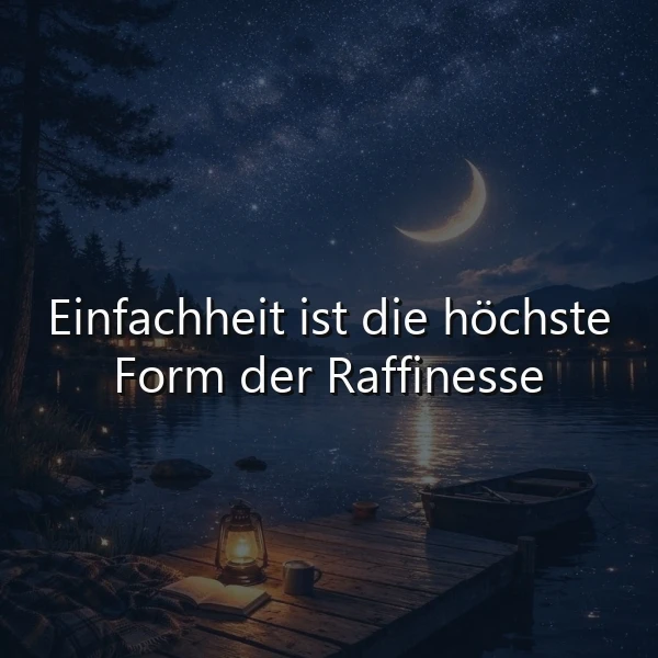 Ein ruhiger See bei Nacht mit einem Steg, einem kleinen Boot, einer Laterne, einem Buch und einer Tasse. Im Hintergrund ist ein Sternenhimmel mit einer Mondsichel sichtbar. Das Zitat 'Einfachheit ist die höchste Form der Raffinesse' ist zentral im Bild platziert.