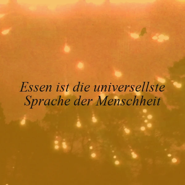 Ein goldbraunes Bild mit warmen, unscharfen Lichtpunkten im Hintergrund, die eine gemütliche Atmosphäre schaffen. Darauf steht das tiefsinnige Zitat: "Essen ist die universellste Sprache der Menschheit". Es strahlt Verbundenheit und Wärme aus.