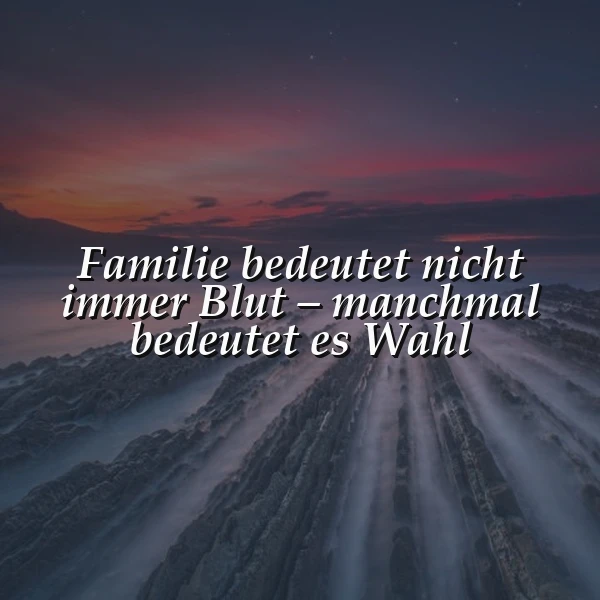 Ein Foto eines atemberaubenden Sonnenuntergangs über einer felsigen Küste, im Vordergrund ein Zitat in weißer Schrift: Familie bedeutet nicht immer Blut - manchmal bedeutet es Wahl