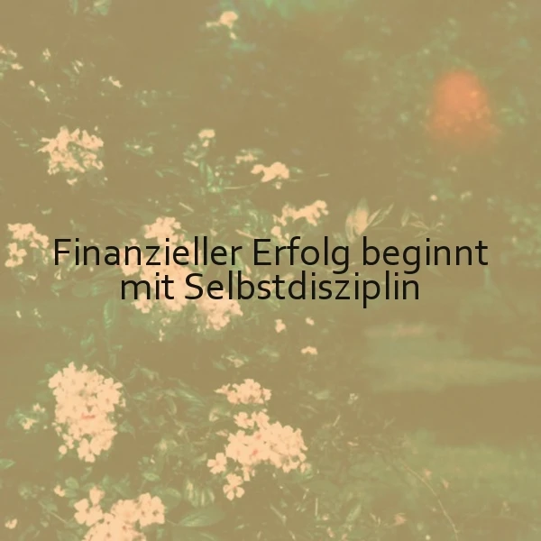 Ein Foto mit einer verschwommenen Blumenwiese im Hintergrund und dem Text 'Finanzieller Erfolg beginnt mit Selbstdisziplin' in der Mitte.