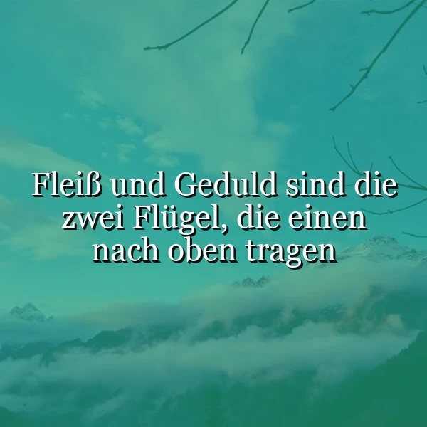 Ein Foto mit einem grünen Himmel, ein paar Wolken und Bergen im Hintergrund. Im Vordergrund steht ein Zitat: 'Fleiß und Geduld sind die zwei Flügel, die einen nach oben tragen'. Der Text ist in weißer Farbe gehalten.