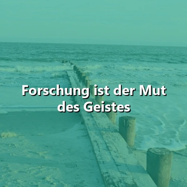 Helle Holzbuhnen ragen ins türkise Meer, umspült von sanften Wellen unter einem weiten Himmel. Der inspirierende Spruch 'Forschung ist der Mut des Geistes' steht prominent im Vordergrund und regt zum Nachdenken an.