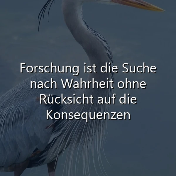 Ein majestätischer Graureiher steht ruhig im dunklen Wasser, während der inspirierende Spruch "Forschung ist die Suche nach Wahrheit ohne Rücksicht auf die Konsequenzen" in weißer Schrift darüber schwebt und zum Nachdenken anregt.