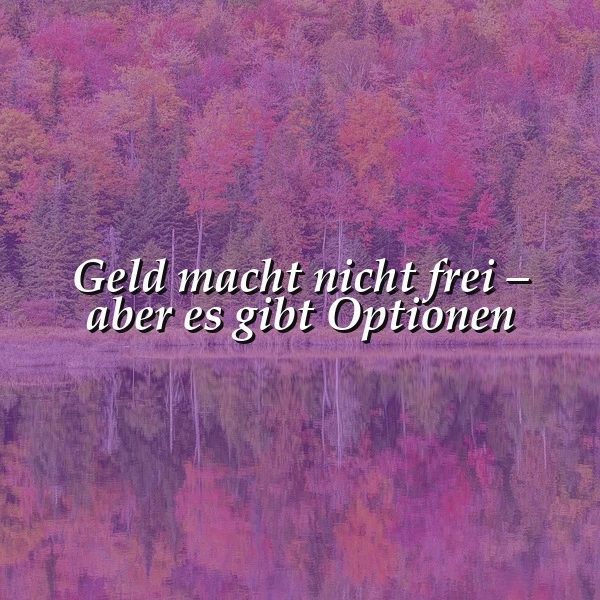 Ein See umgeben von einem Wald in intensiven Lila- und Rosatönen, die sich im ruhigen Wasser spiegeln. Darüber schwebt das Zitat "Geld macht nicht frei – aber es gibt Optionen". Die Stimmung ist nachdenklich und leicht mystisch.