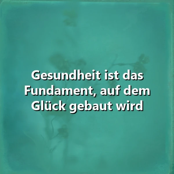 Ein grünliches Hintergrundbild mit einer verschwommenen Blume, darauf der Text 'Gesundheit ist das Fundament, auf dem Glück gebaut wird' in weißer Schrift