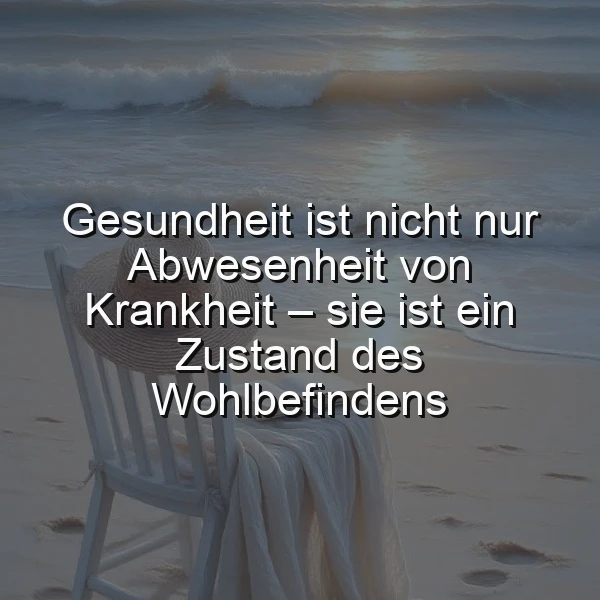 Ein ruhiger Strand mit einer Holzstuhl und einem Strohhut, im Hintergrund Wellen, die sanft ans Ufer schlagen. Der Text 'Gesundheit ist nicht nur Abwesenheit von Krankheit – sie ist ein Zustand des Wohlbefindens' ist über das Bild gelegt.