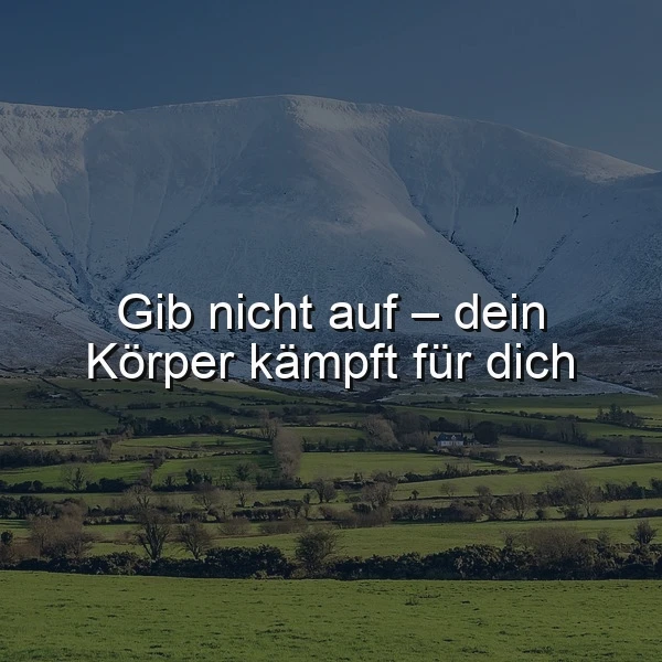Ein grünes Tal mit sanften Hügeln, im Hintergrund eine schneebedeckte Bergkulisse unter einem dunklen Himmel. Über dem Landschaftspanorama liegt der Text 'Gib nicht auf – dein Körper kämpft für dich' in weißer Schrift.