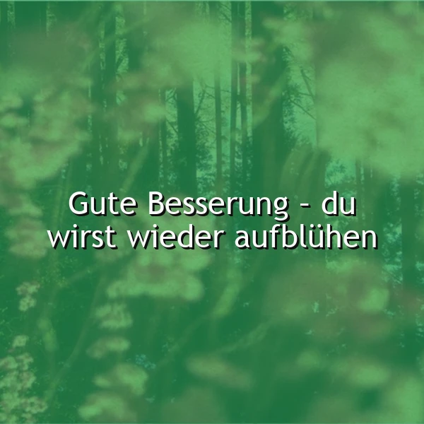 Ein grünes Waldgebiet mit Bäumen und Pflanzen im Hintergrund. Der Text 'Gute Besserung - du wirst wieder aufblühen' ist in weißer Farbe über das Bild gelegt.