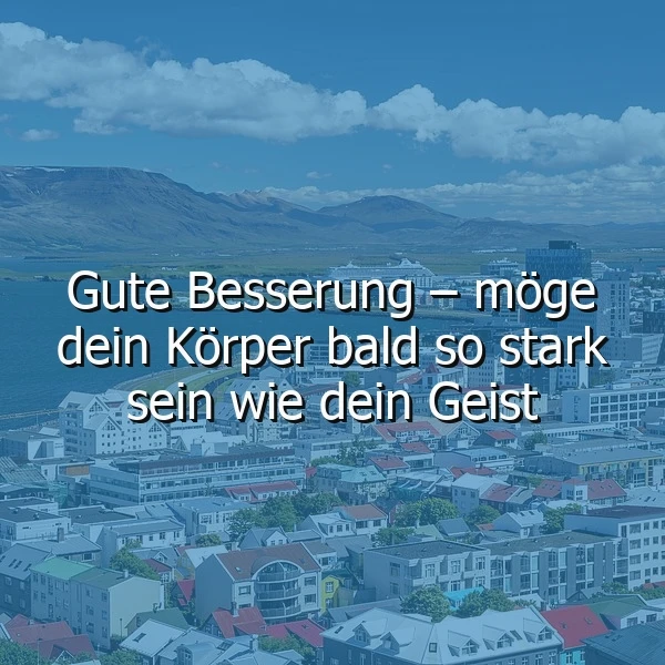Ein Foto einer Stadt mit vielen Häusern und einer atemberaubenden Bergkulisse im Hintergrund. Über die Szene ist der Text 'Gute Besserung - möge dein Körper bald so stark sein wie dein Geist' gelegt.