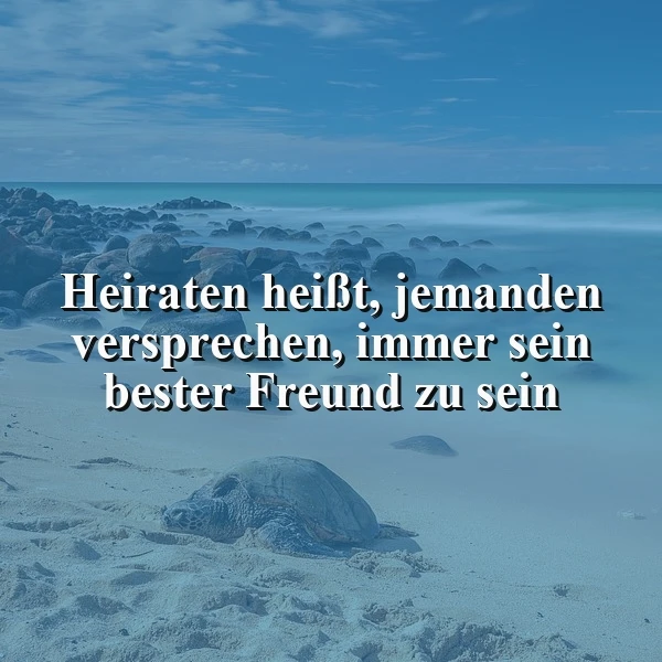 Ruhige Meereslandschaft mit einer Meeresschildkröte am Strand. Das Zitat „Heiraten heißt, jemanden versprechen, immer sein bester Freund zu sein“ ist prominent eingeblendet. Eine friedvolle, nachdenkliche Szene, die Beständigkeit symbolisiert.