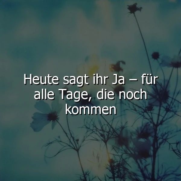 Blau-grünes Bild mit dem Zitat "Heute sagt ihr Ja – für alle Tage, die noch kommen" in Weiß. Zarte, unscharfe Blumen und Pflanzen bilden einen träumerischen Hintergrund. Die Atmosphäre ist hoffnungsvoll und feierlich für ein lebenslanges Versprechen.