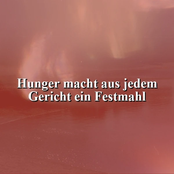 Ein rotes Bild mit einem Gericht im Hintergrund und dem Zitat 'Hunger macht aus jedem Gericht ein Festmahl' in weißer Schrift