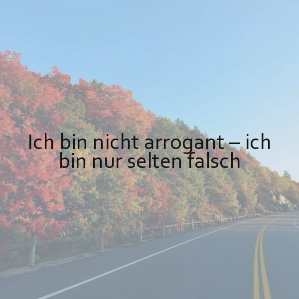 Ein offener, asphaltierter Weg mit einer Doppelgelbmarkierung schlängelt sich durch eine Herbstlandschaft. Bäume mit leuchtend roten, orangefarbenen und gelben Blättern säumen die Straße. Über dem Himmel ein klarer, blauer Himmel. Das Bild zeigt ein Zitat: 'Ich bin nicht arrogant – ich bin nur selten falsch'.