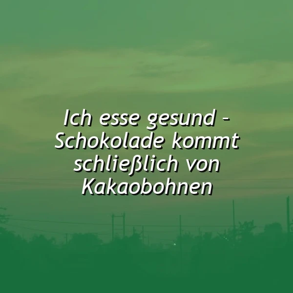 Ein grünliches Landschaftsbild mit einem dunklen, wolkigen Himmel, im Vordergrund ein silhouettenartiger Blick auf Bäume und Strommasten, überlagert mit dem Text 'Ich esse gesund - Schokolade kommt schließlich von Kakaobohnen'