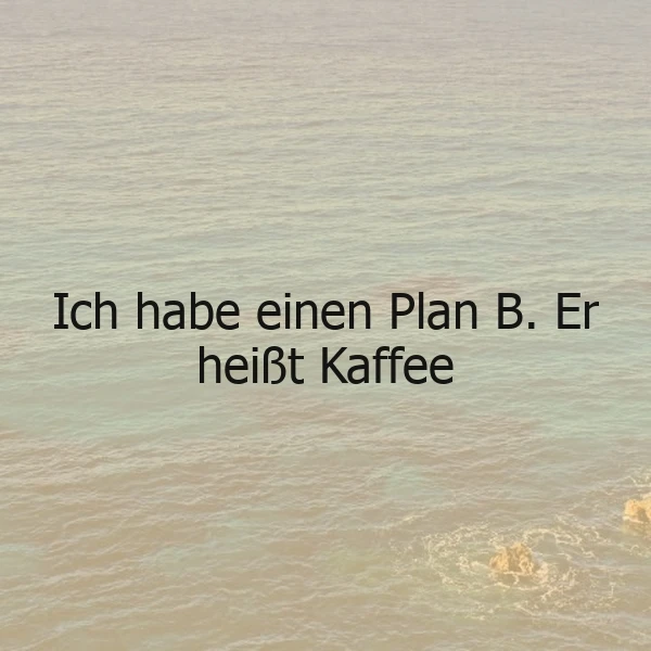 Ein ruhiges Gewässer mit einer leichten Wellenbewegung, im Vordergrund ein paar Felsen, zentraler Text 'Ich habe einen Plan B. Er heißt Kaffee'