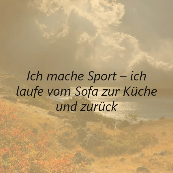 Ein sonniger Tag mit gelben und orangefarbenen Blumen, im Hintergrund ein See und ein Himmel mit Wolken, überlagert mit dem Text 'Ich mache Sport – ich laufe vom Sofa zur Küche und zurück'