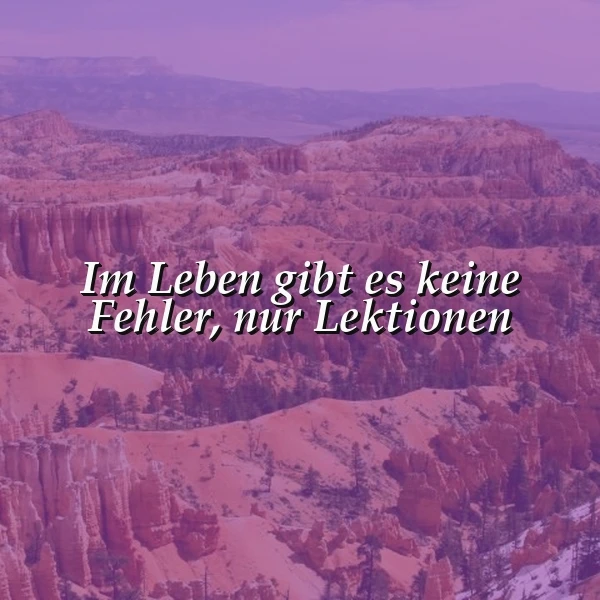 Eine faszinierende, rötlich-violette Canyonlandschaft im sanften Licht. Das zentrale Zitat "Im Leben gibt es keine Fehler, nur Lektionen" schwebt inspirierend über der weiten, fast mystischen Bergformation.