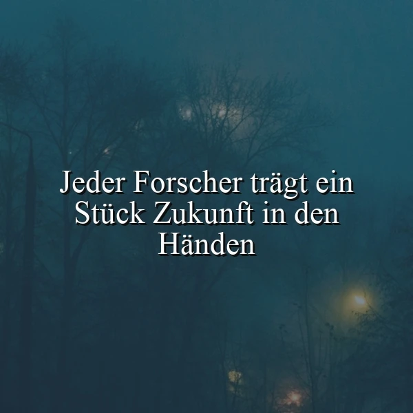 Ein dunkler, nebliger Wald mit kahlen Bäumen und einer Straßenlaterne, die ein schwaches Licht wirft. Im Vordergrund steht ein Zitat in weißer Schrift: 'Jeder Forscher trägt ein Stück Zukunft in den Händen'. Die Atmosphäre ist ruhig und kontemplativ.