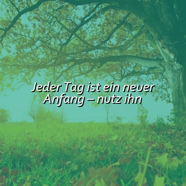 Ein grüner Landschaftsbild mit einer großen Baum, dessen Äste sich über die Bildmitte spannen. Im Vordergrund ein Feld mit Gras und Blättern. Der Text 'Jeder Tag ist ein neuer Anfang - nutz ihn' liegt zentral im Bild.