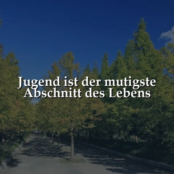 Ein sonniger Weg, gesäumt von grünen Bäumen unter strahlend blauem Himmel, der das Zitat 'Jugend ist der mutigste Abschnitt des Lebens' atmosphärisch untermalt und zum Nachdenken über Mut und Lebensphasen anregt.