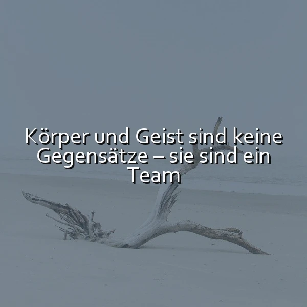Ein verwitterter Treibholz-Ast liegt auf sandigem Grund, vor einem nebligen, graublauen Himmel. Der weiße Text "Körper und Geist sind keine Gegensätze – sie sind ein Team" vermittelt eine ruhige, nachdenkliche Atmosphäre.