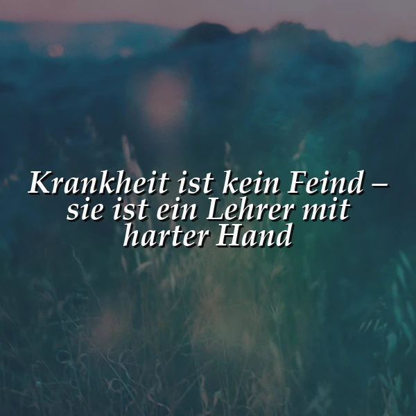 Ein Zitat auf einem Hintergrundbild mit einer Naturlandschaft, die durch ein weiches, blau-grünes Licht gefiltert ist. Im Vordergrund sind Pflanzen und Gräser sichtbar. Der Text 'Krankheit ist kein Feind - sie ist ein Lehrer mit harter Hand' ist in weißer Schrift über das Bild gelegt.