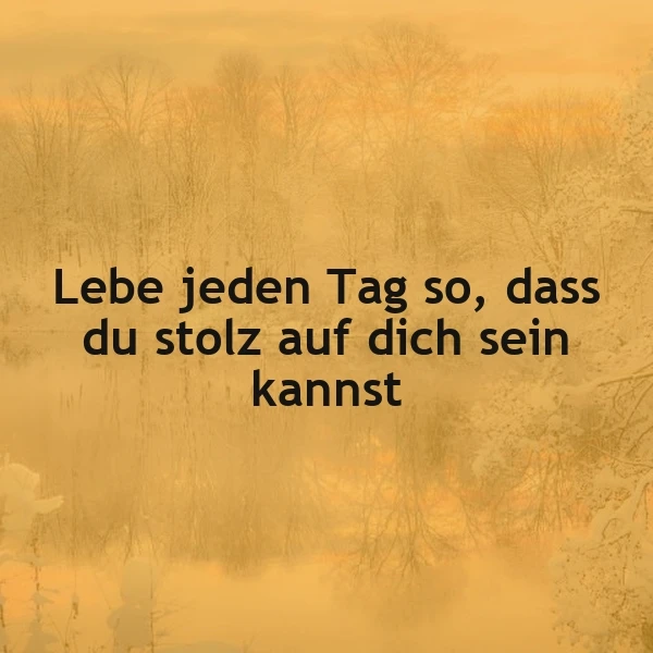 Ein goldenes Landschaftsbild mit kahlen Bäumen und einer reflektierenden Wasseroberfläche, im Vordergrund der Spruch 'Lebe jeden Tag so, dass du stolz auf dich sein kannst'