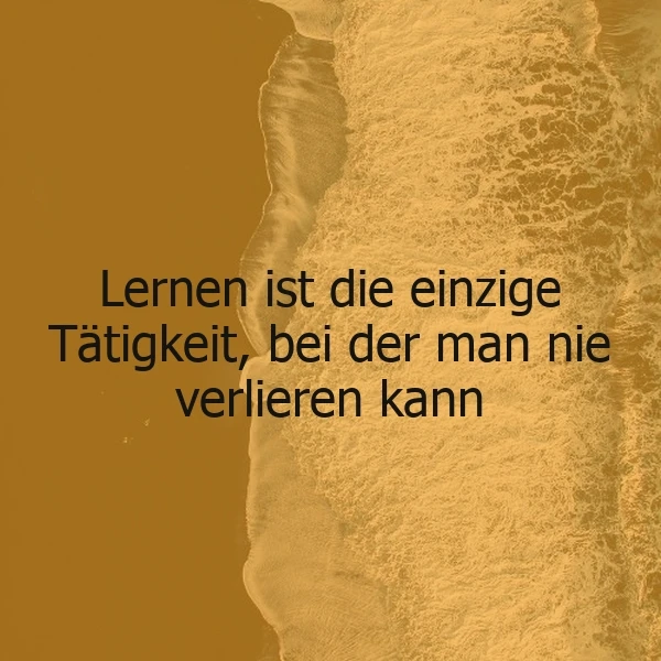 Ein goldenes Wellenmuster mit dem Zitat 'Lernen ist die einzige Tätigkeit, bei der man nie verlieren kann' in schwarzer Schrift, ruhige Atmosphäre