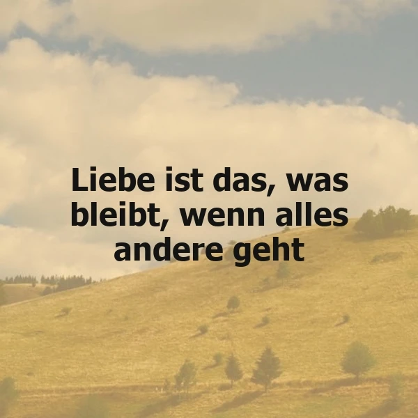Ein Foto von einer sanften, goldenen Landschaft mit einer Hügelkulisse, vereinzelten Bäumen und einer lockeren Wolkendecke am Himmel. Das Zitat 'Liebe ist das, was bleibt, wenn alles andere geht' liegt prominent im Zentrum.