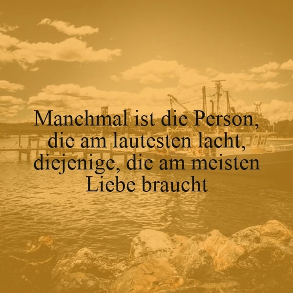 Ein berührendes Zitat über versteckte Gefühle auf einem sepiafarbenen Bild. Es zeigt Felsen am Wasser, einen Pier und ein Boot unter bewölktem Himmel. Die Stimmung ist nachdenklich.