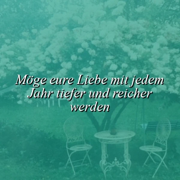 Ein romantisches Gartenambiente mit einem blühenden Baum, zwei weißen Vintage-Stühlen und einem Tisch. Der inspirierende Spruch 'Möge eure Liebe mit jedem Jahr tiefer und reicher werden' erzeugt eine herzliche, hoffnungsvolle Atmosphäre.