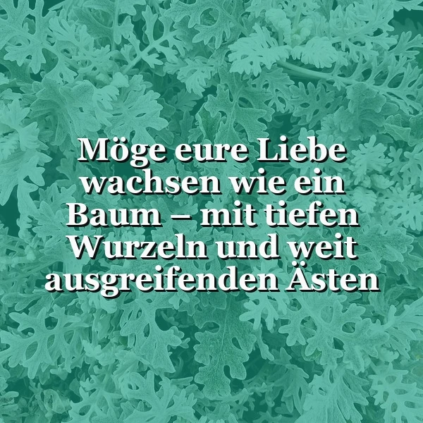 Silbrig-grünes Blattwerk als Hintergrund für das Zitat: 'Möge eure Liebe wachsen wie ein Baum – mit tiefen Wurzeln und weit ausgreifenden Ästen.' Eine ruhige Botschaft über beständige Zuneigung und tiefes Wachstum.