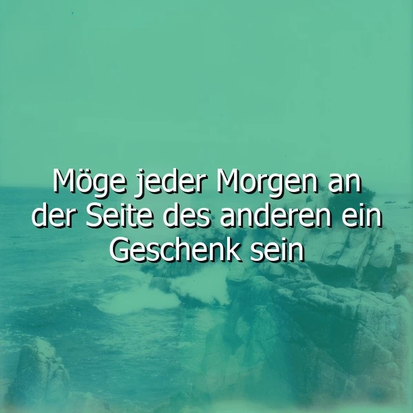 Ein Foto mit einer grünlichen Farbgebung, das eine Küstenlandschaft mit Felsen und Wellen zeigt. Im Vordergrund steht der Spruch 'Möge jeder Morgen an der Seite des anderen ein Geschenk sein' in weißer Schrift.
