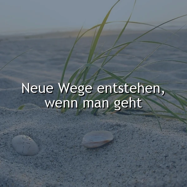 Ein Foto von einem Strand mit zwei Steinen und Gras, im Hintergrund das Meer. Das Zitat 'Neue Wege entstehen, wenn man geht' ist über das Bild gelegt.